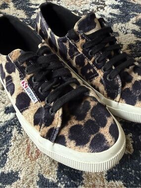 Superga Leopard Print Velvet Sneakers Tan Black Platform 7 / 39.5